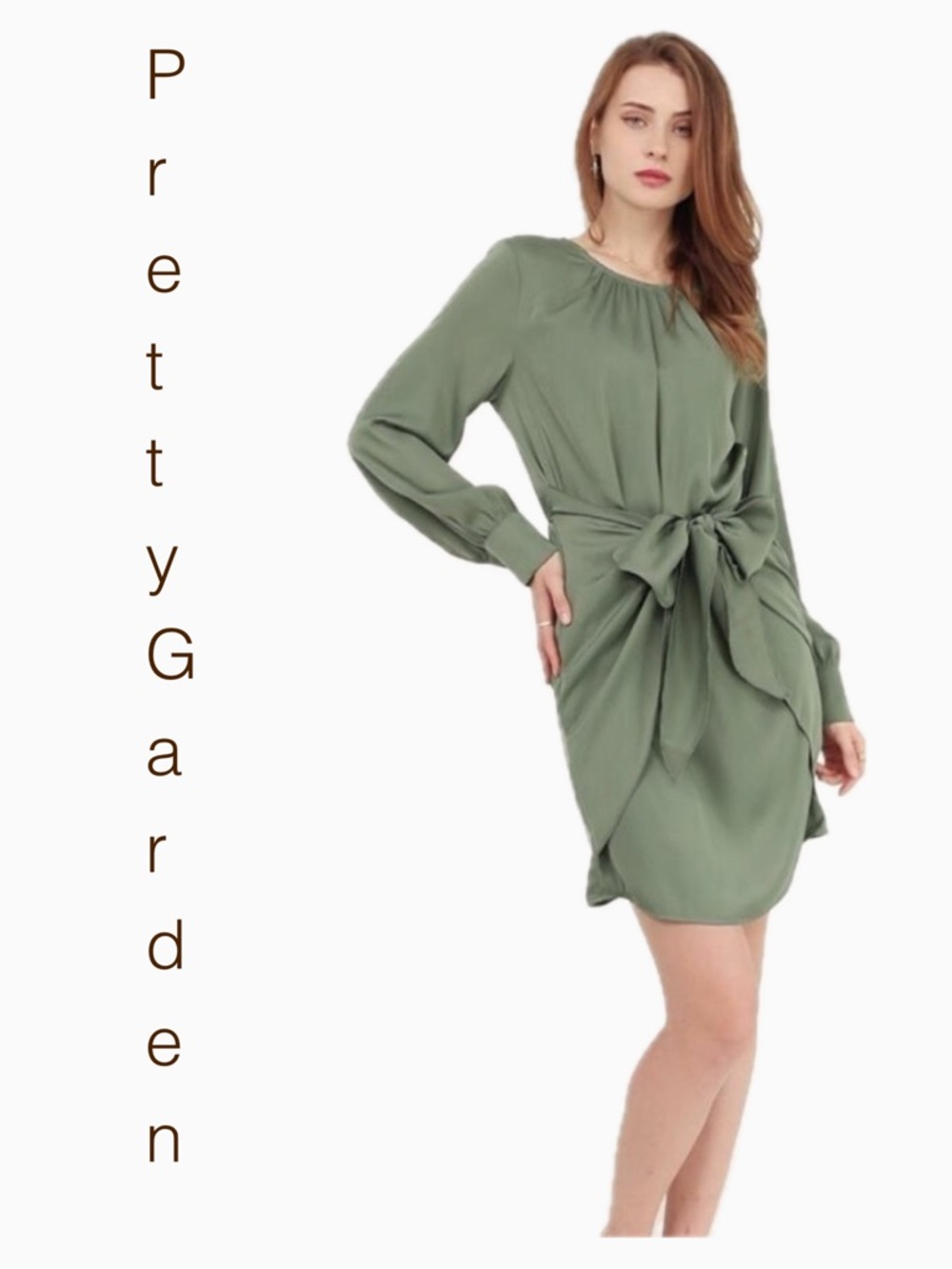 PRETTYGARDEN Womens Satin Dress Long Sleeve Tie Waist Cocktail Mini Dress Med